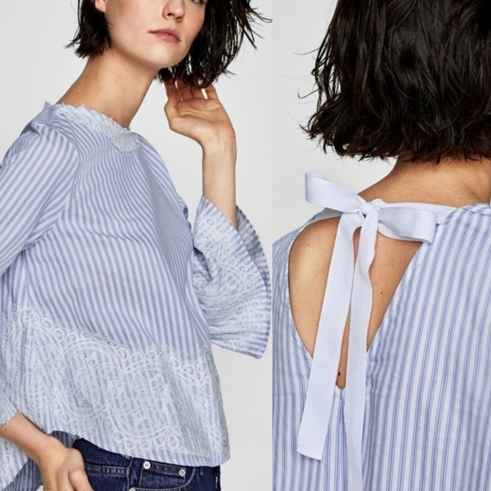 ZARA Woman Blue Striped Lace Applique Flare Sleeve Open Tie-Back Cropped Blouse